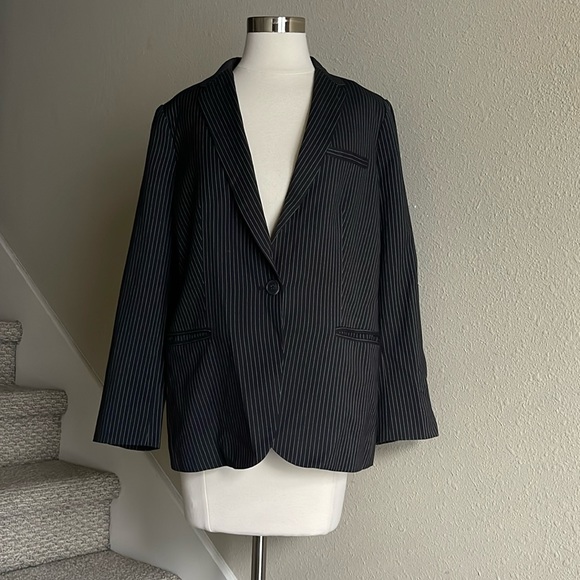 MNG Sz L Black Pinstriped Single Button Blazer - Picture 1 of 12